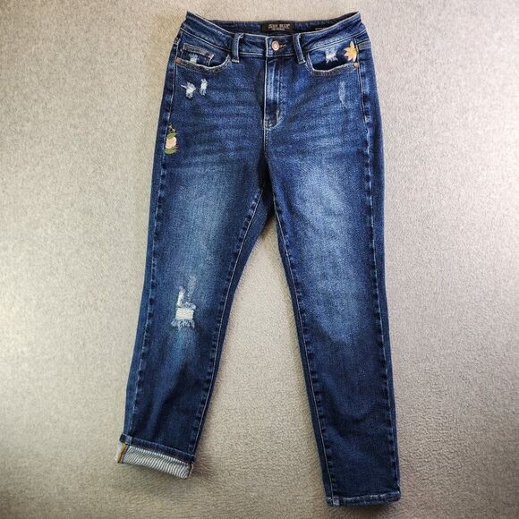 Judy Blue Denim - Judy Blue Jeans Womens 27 Blue Floral Embroidered High Rise Boyfriend Flowers